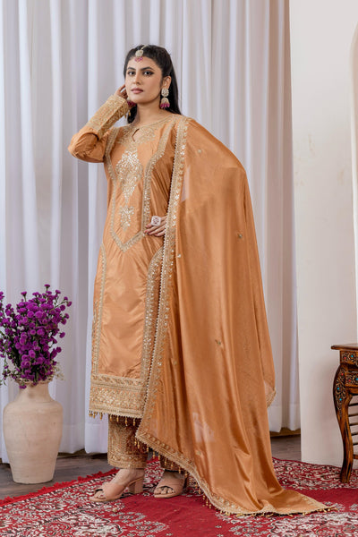 Teeya Creation Peach Color Chinon Silk Heavy Embroidery Work Fully Stitched Salwar Suit - Distacart