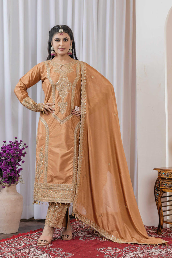 Teeya Creation Peach Color Chinon Silk Heavy Embroidery Work Fully Stitched Salwar Suit - Distacart