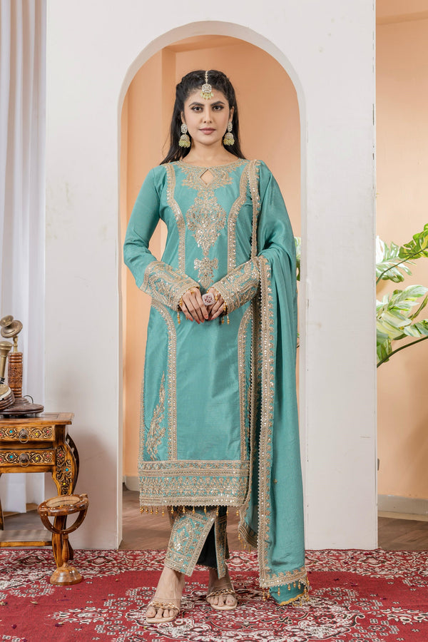 Teeya Creation Turquoise Color Chinon Silk Heavy Embroidery Work Fully Stitched Salwar Suit - Distacart