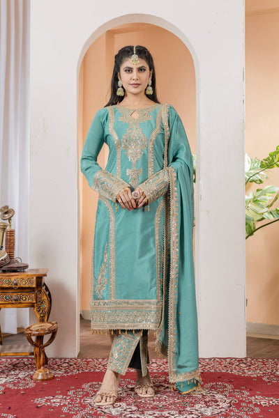 Teeya Creation Turquoise Color Chinon Silk Heavy Embroidery Work Fully Stitched Salwar Suit - Distacart