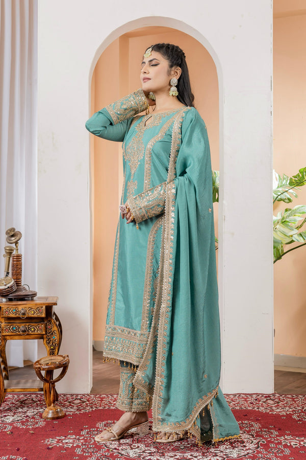 Teeya Creation Turquoise Color Chinon Silk Heavy Embroidery Work Fully Stitched Salwar Suit - Distacart