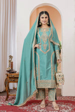 Thumbnail for Teeya Creation Turquoise Color Chinon Silk Heavy Embroidery Work Fully Stitched Salwar Suit - Distacart