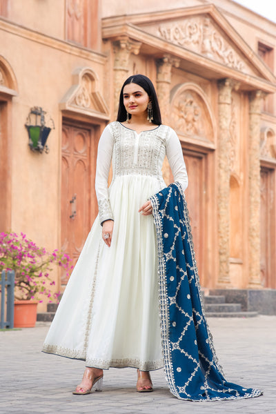 Teeya Creation White Color Chinon Silk Heavy Embroidery Work Fully Stitched Gown - Distacart