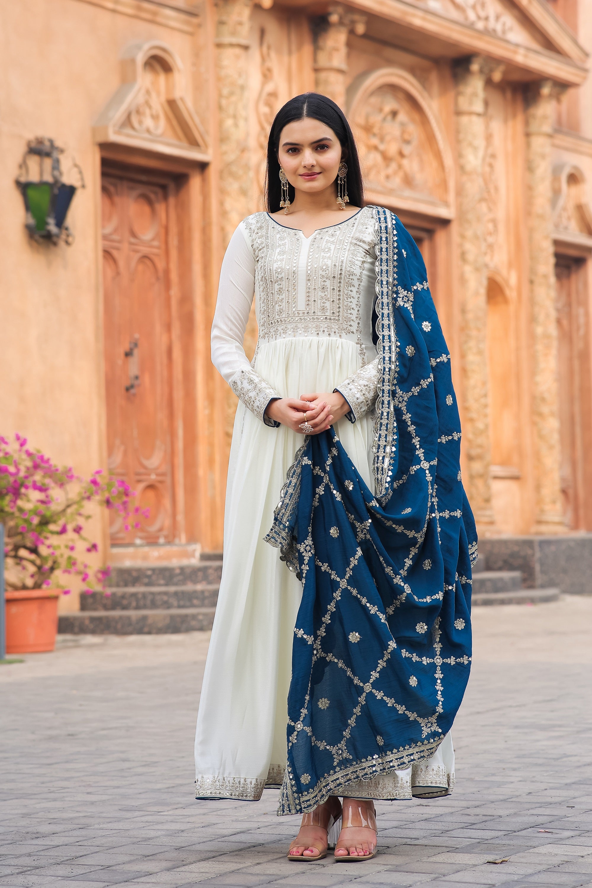 Teeya Creation White Color Chinon Silk Heavy Embroidery Work Fully Stitched Gown - Distacart
