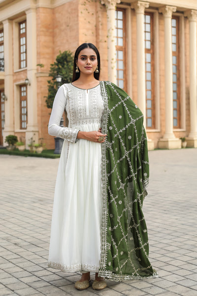 Teeya Creation White Color Chinon Silk Heavy Embroidery Work Fully Stitched Gown - Distacart