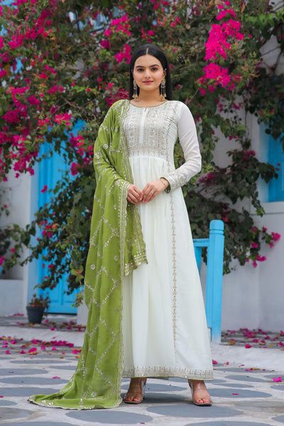 Teeya Creation White Color Chinon Silk Heavy Embroidery Work Fully Stitched Gown - Distacart