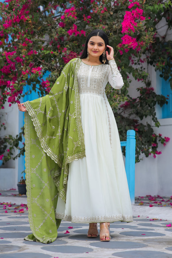Teeya Creation White Color Chinon Silk Heavy Embroidery Work Fully Stitched Gown - Distacart