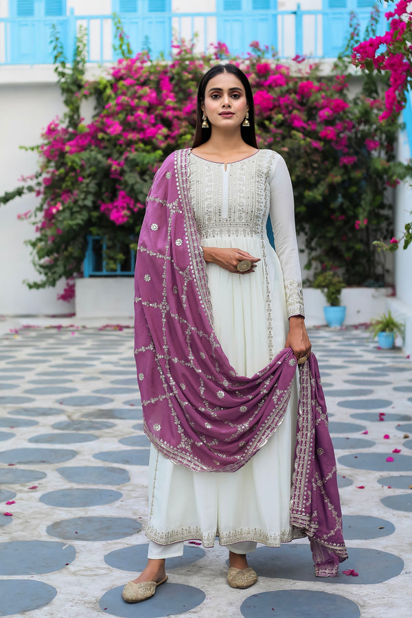 Teeya Creation White Color Chinon Silk Heavy Embroidery Work Fully Stitched Gown - Distacart