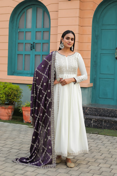 Teeya Creation White Color Chinon Silk Heavy Embroidery Work Fully Stitched Gown - Distacart