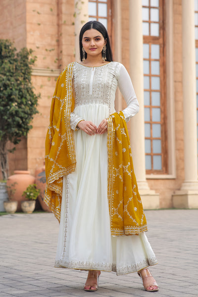 Teeya Creation White Color Chinon Silk Heavy Embroidery Work Fully Stitched Gown - Distacart