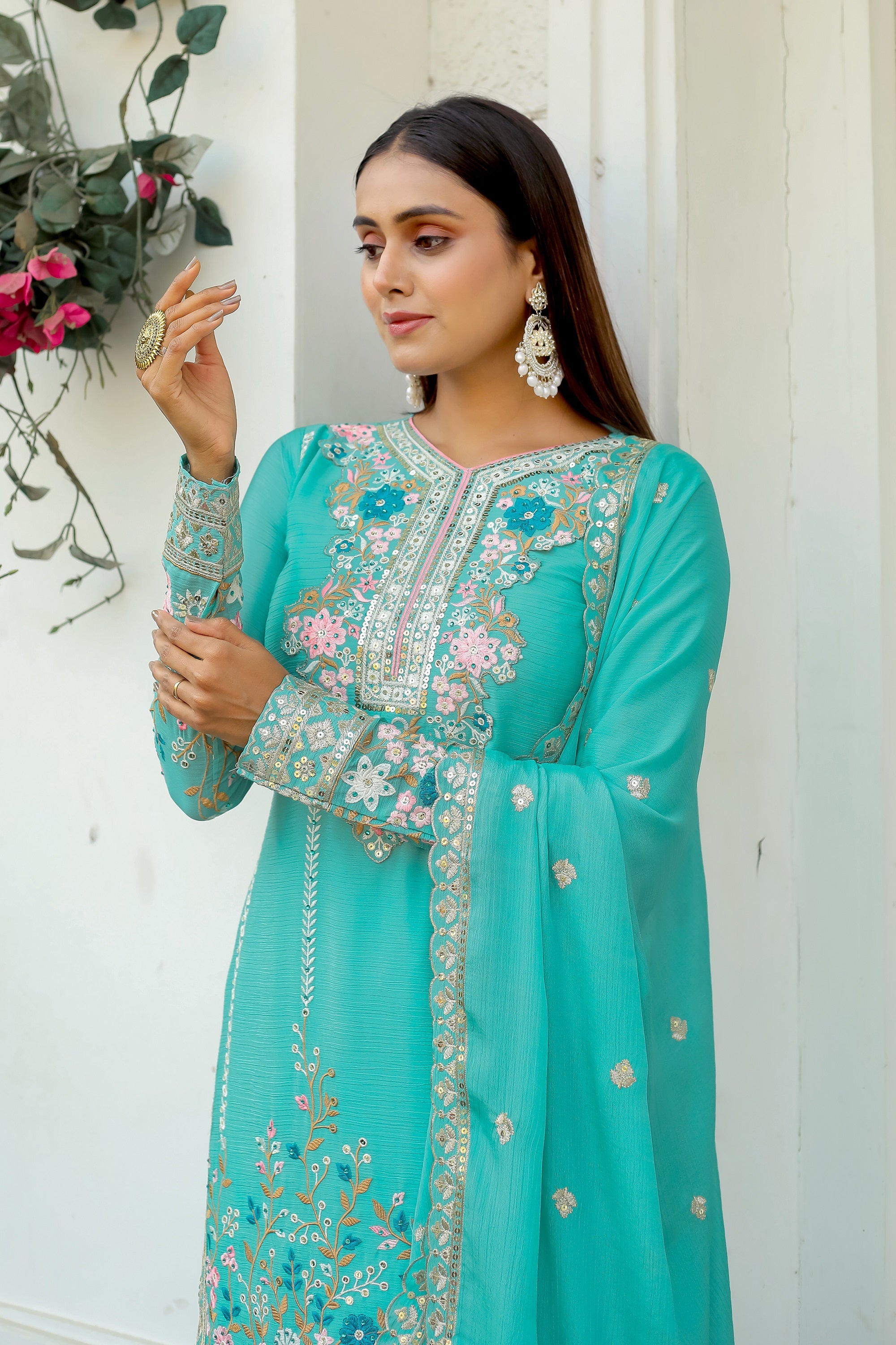 Teeya Creation Turquoise Color Chinon Silk Heavy Embroidery Work Fully Stitched Salwar Suit - Distacart