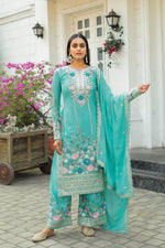 Thumbnail for Teeya Creation Turquoise Color Chinon Silk Heavy Embroidery Work Fully Stitched Salwar Suit - Distacart