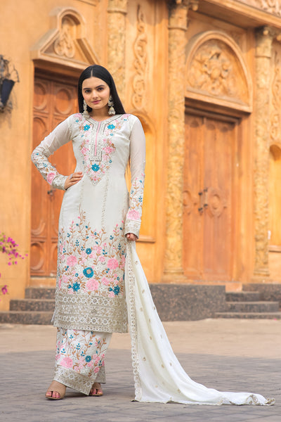 Teeya Creation White Color Chinon Silk Heavy Embroidery Work Fully Stitched Salwar Suit - Distacart