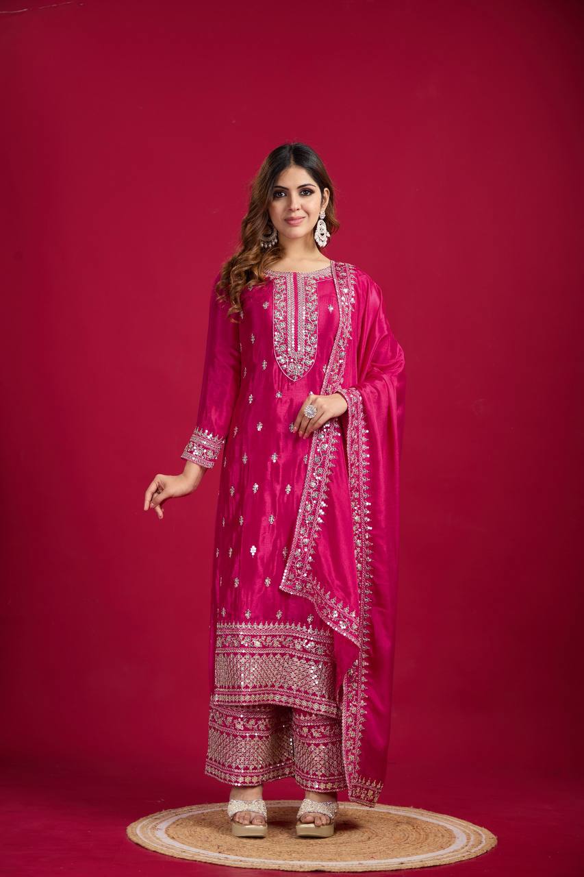 Teeya Creation Pink Colour Chinon Silk Heavy Embroidery Work Fully Stitched Salwar Suit