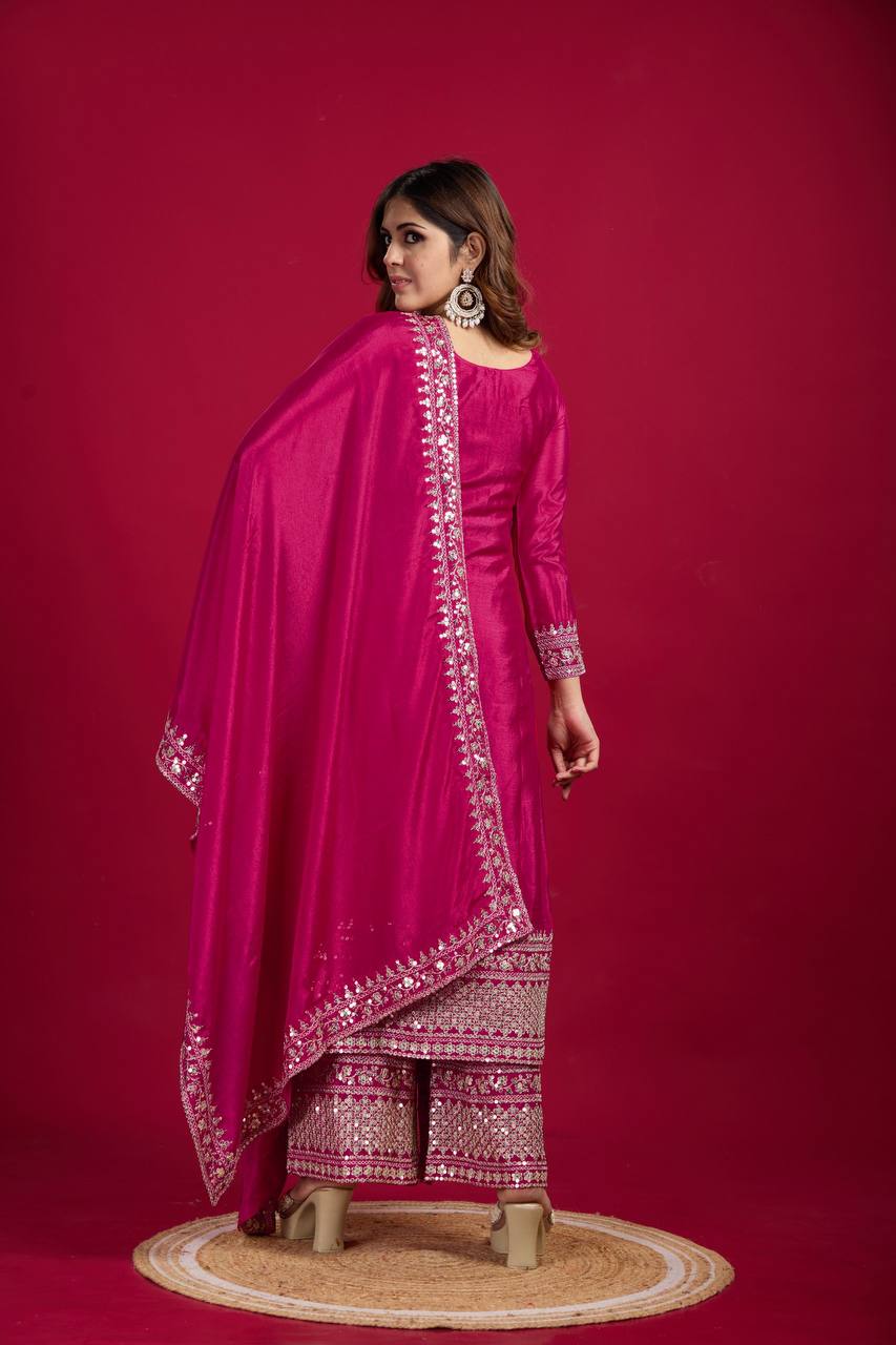 Teeya Creation Pink Colour Chinon Silk Heavy Embroidery Work Fully Stitched Salwar Suit