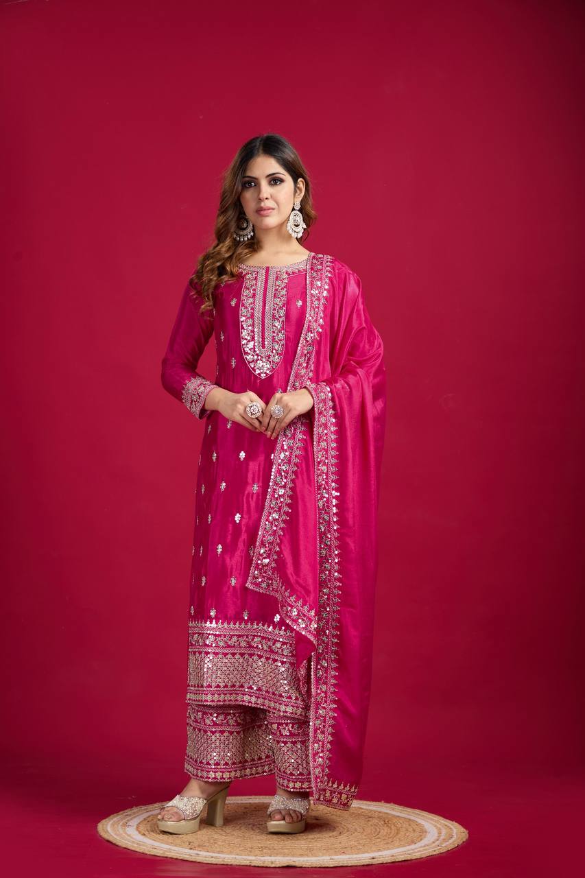 Teeya Creation Pink Colour Chinon Silk Heavy Embroidery Work Fully Stitched Salwar Suit