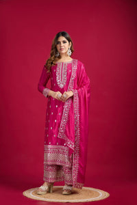 Thumbnail for Teeya Creation Pink Colour Chinon Silk Heavy Embroidery Work Fully Stitched Salwar Suit