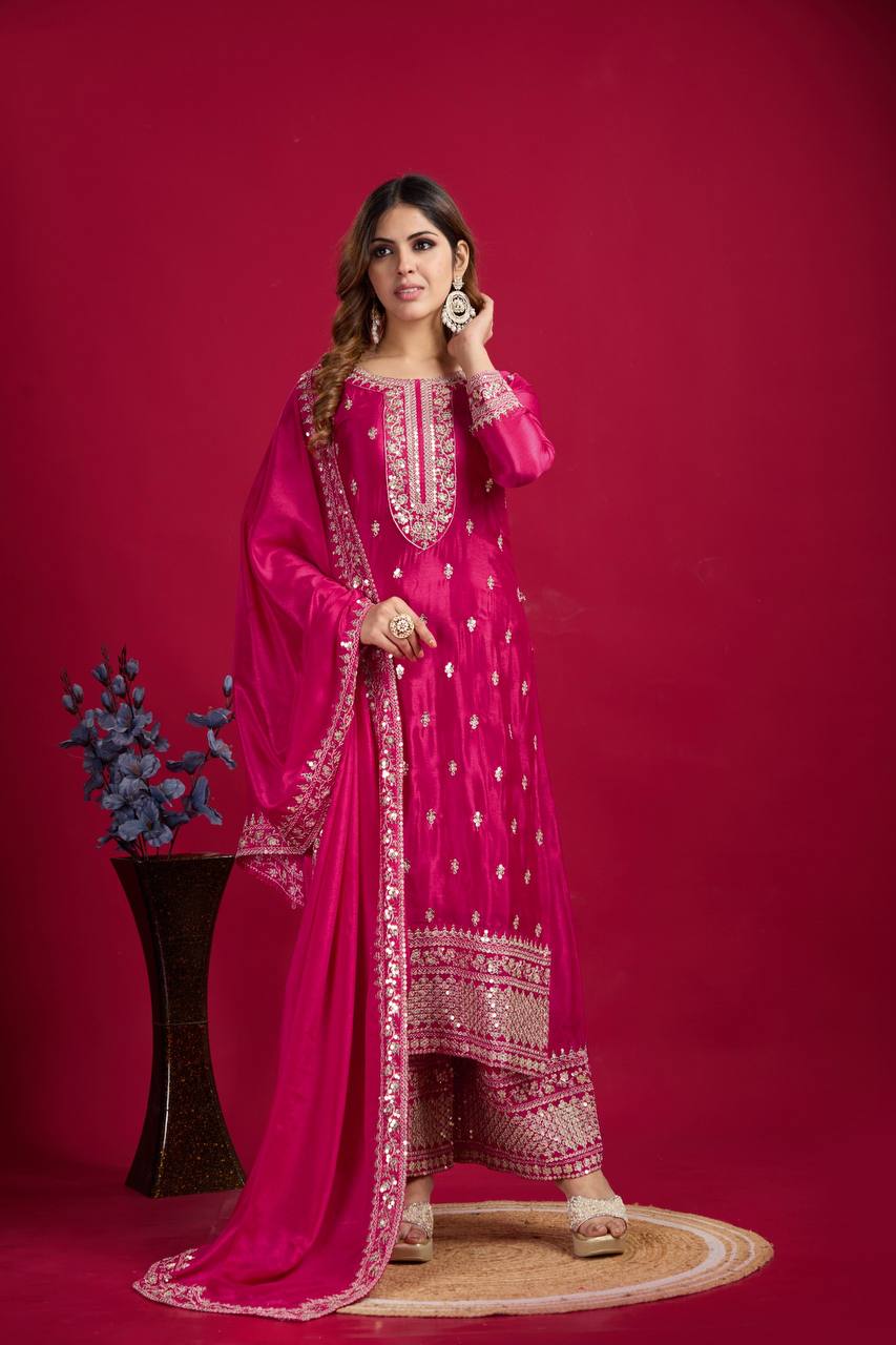 Teeya Creation Pink Colour Chinon Silk Heavy Embroidery Work Fully Stitched Salwar Suit