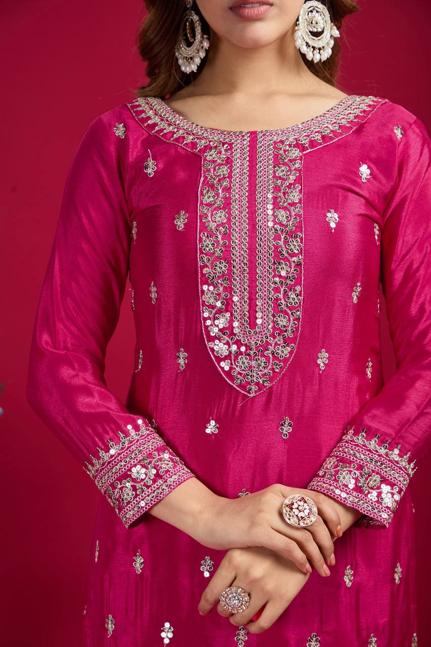 Teeya Creation Pink Colour Chinon Silk Heavy Embroidery Work Fully Stitched Salwar Suit