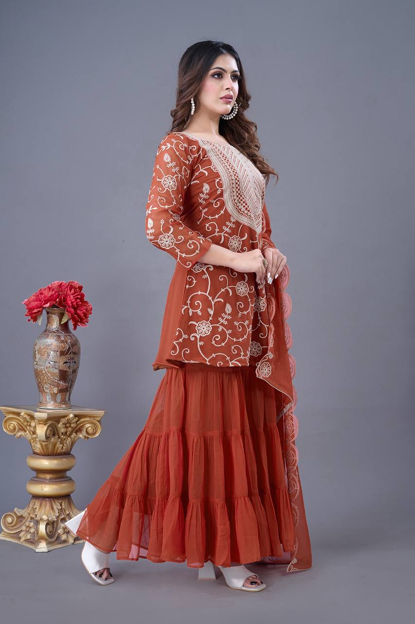 Teeya Creation Fenta Colour Faux Georgette Heavy Embroidery Work Fully Stitched Sharara
