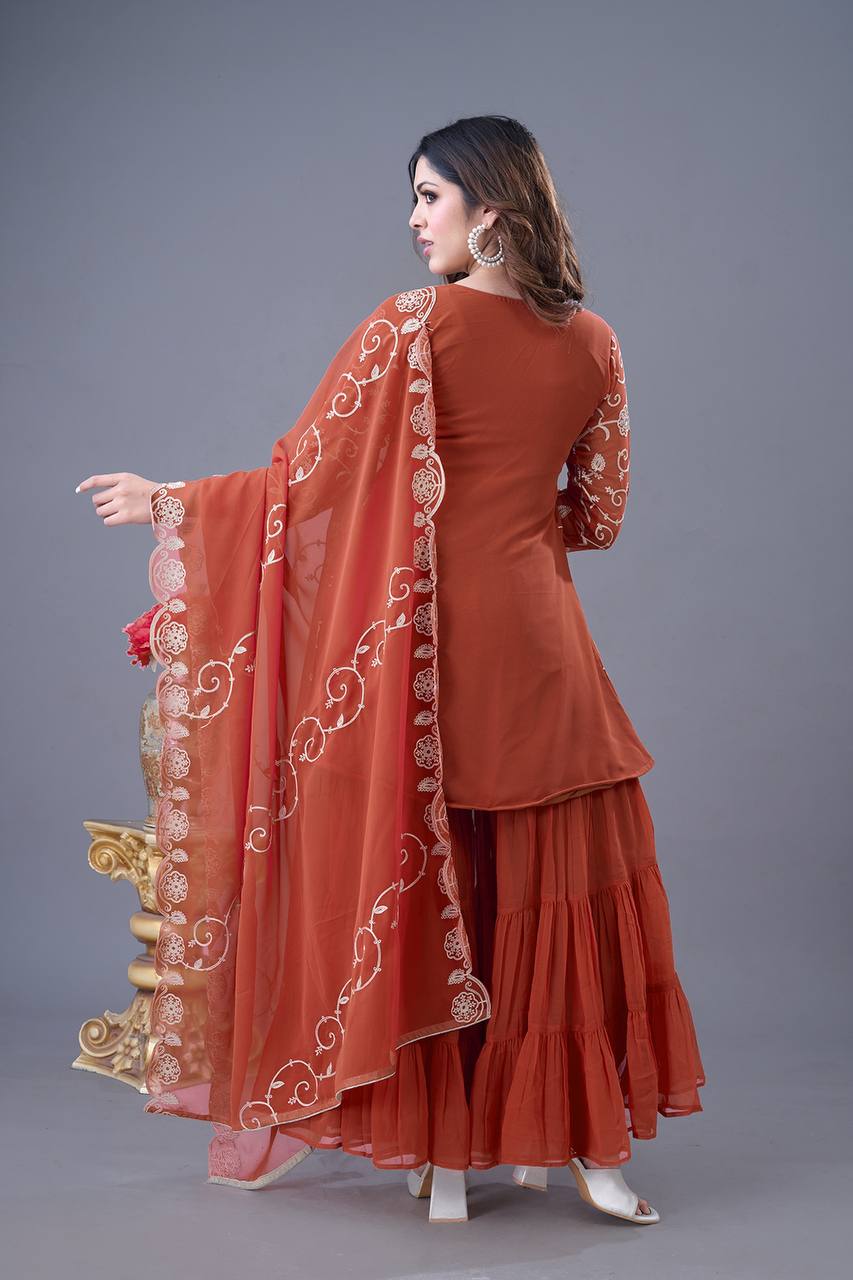 Teeya Creation Fenta Colour Faux Georgette Heavy Embroidery Work Fully Stitched Sharara