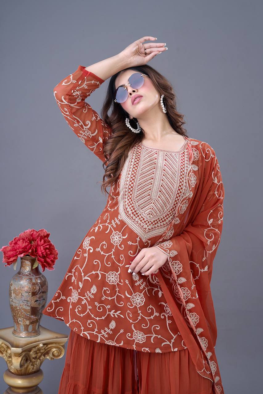 Teeya Creation Fenta Colour Faux Georgette Heavy Embroidery Work Fully Stitched Sharara