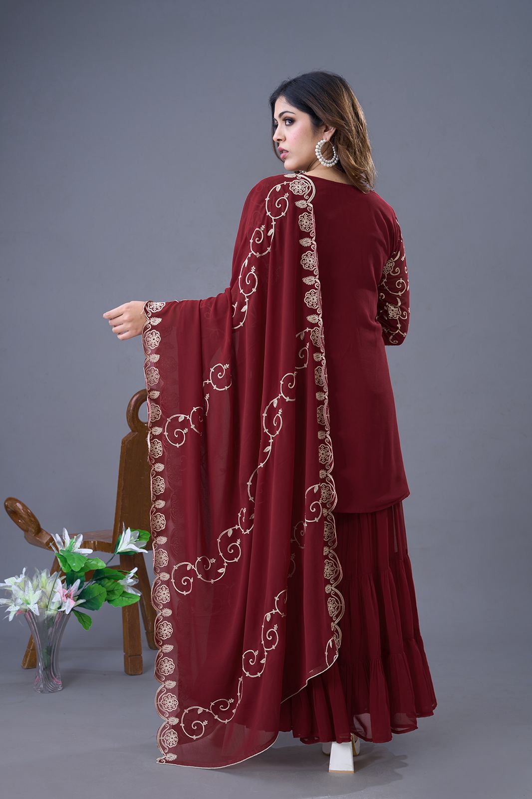 Teeya Creation Maroon Colour Faux Georgette Heavy Embroidery Work Fully Stitched Sharara