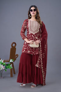 Thumbnail for Teeya Creation Maroon Colour Faux Georgette Heavy Embroidery Work Fully Stitched Sharara