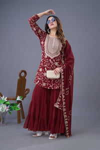 Thumbnail for Teeya Creation Maroon Colour Faux Georgette Heavy Embroidery Work Fully Stitched Sharara