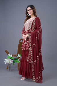 Thumbnail for Teeya Creation Maroon Colour Faux Georgette Heavy Embroidery Work Fully Stitched Sharara