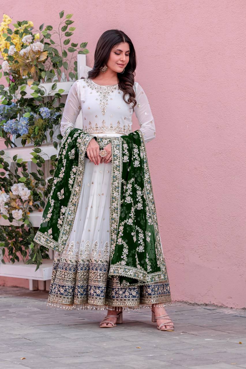 Teeya Creation White Colour Faux Georgette Heavy Embroidery Work Fully Stitched Gown - Distacart