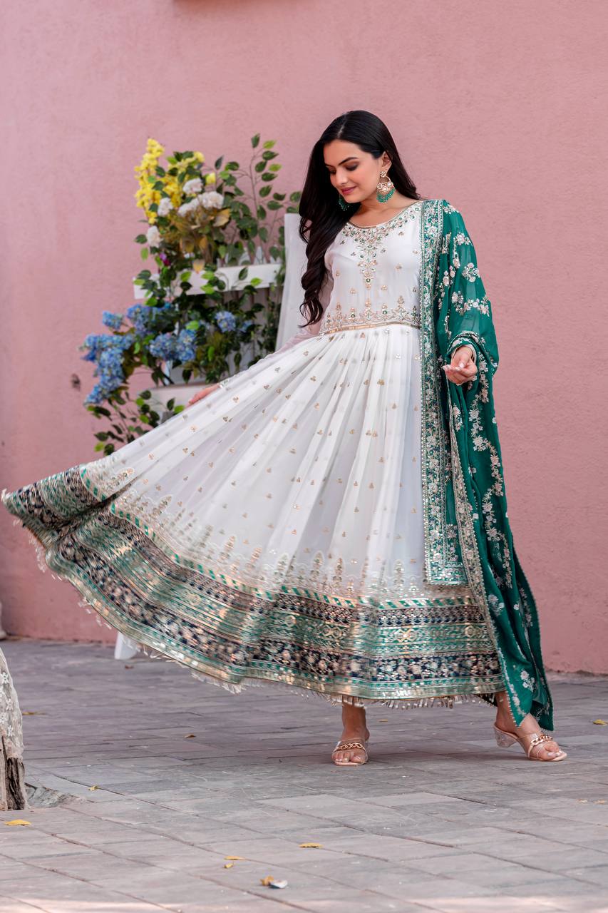 Teeya Creation White Colour Faux Georgette Heavy Embroidery Work Fully Stitched Gown