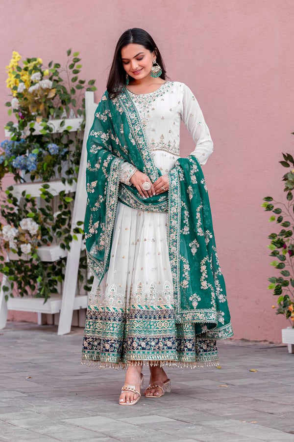 Teeya Creation White Colour Faux Georgette Heavy Embroidery Work Fully Stitched Gown - Distacart