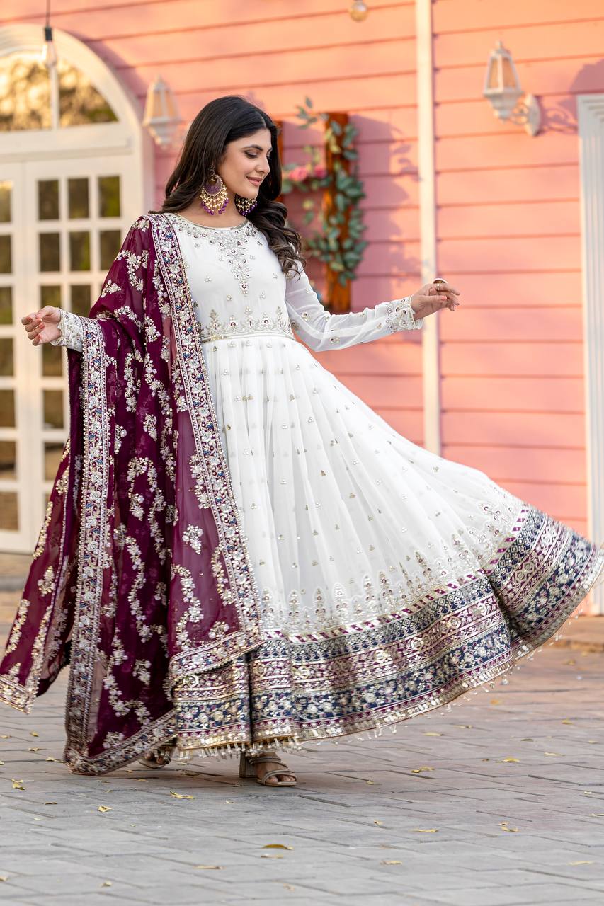 Teeya Creation White Colour Faux Georgette Heavy Embroidery Work Fully Stitched Gown - Distacart