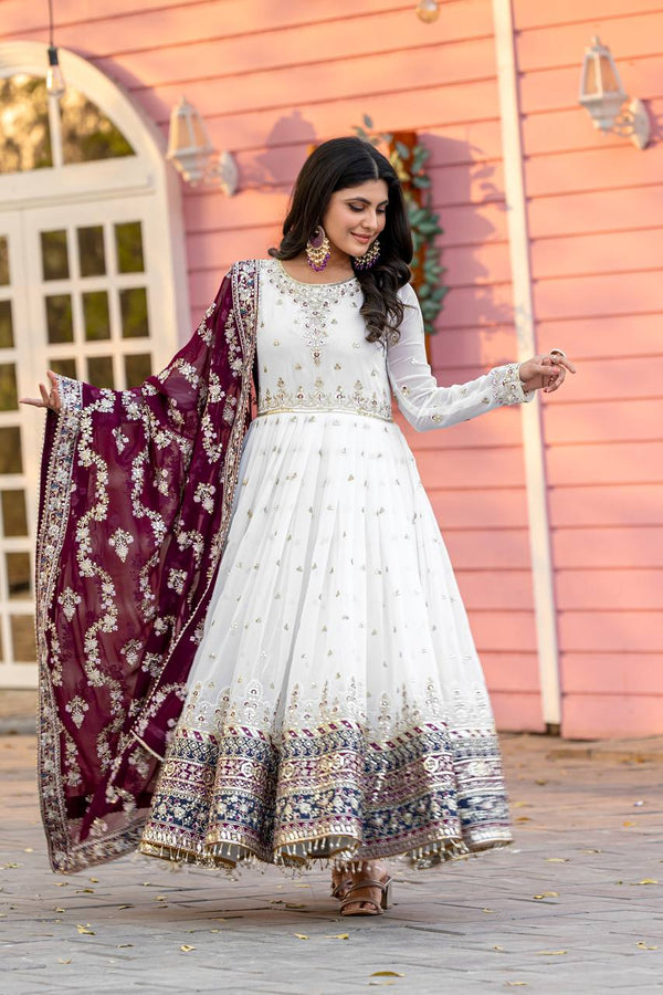 Teeya Creation White Colour Faux Georgette Heavy Embroidery Work Fully Stitched Gown - Distacart