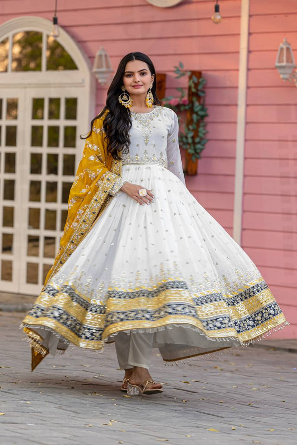 Teeya Creation White Colour Faux Georgette Heavy Embroidery Work Fully Stitched Gown - Distacart