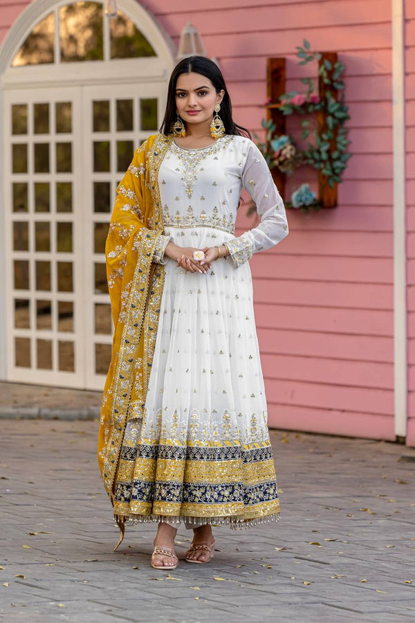 Teeya Creation White Colour Faux Georgette Heavy Embroidery Work Fully Stitched Gown - Distacart
