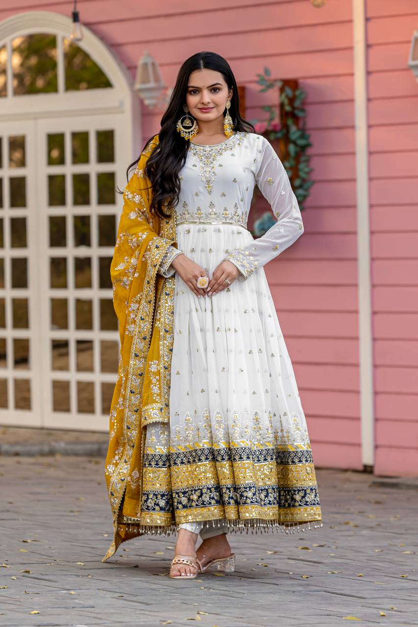 Teeya Creation White Colour Faux Georgette Heavy Embroidery Work Fully Stitched Gown - Distacart
