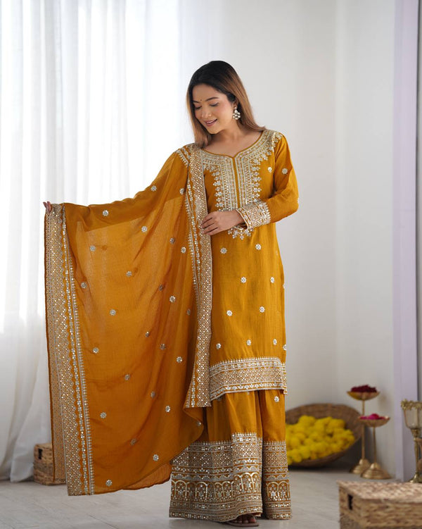 Teeya Creation Mustard Colour Chinon Silk Heavy Embroidery Work Fully Stitched Salwar Suit - Distacart