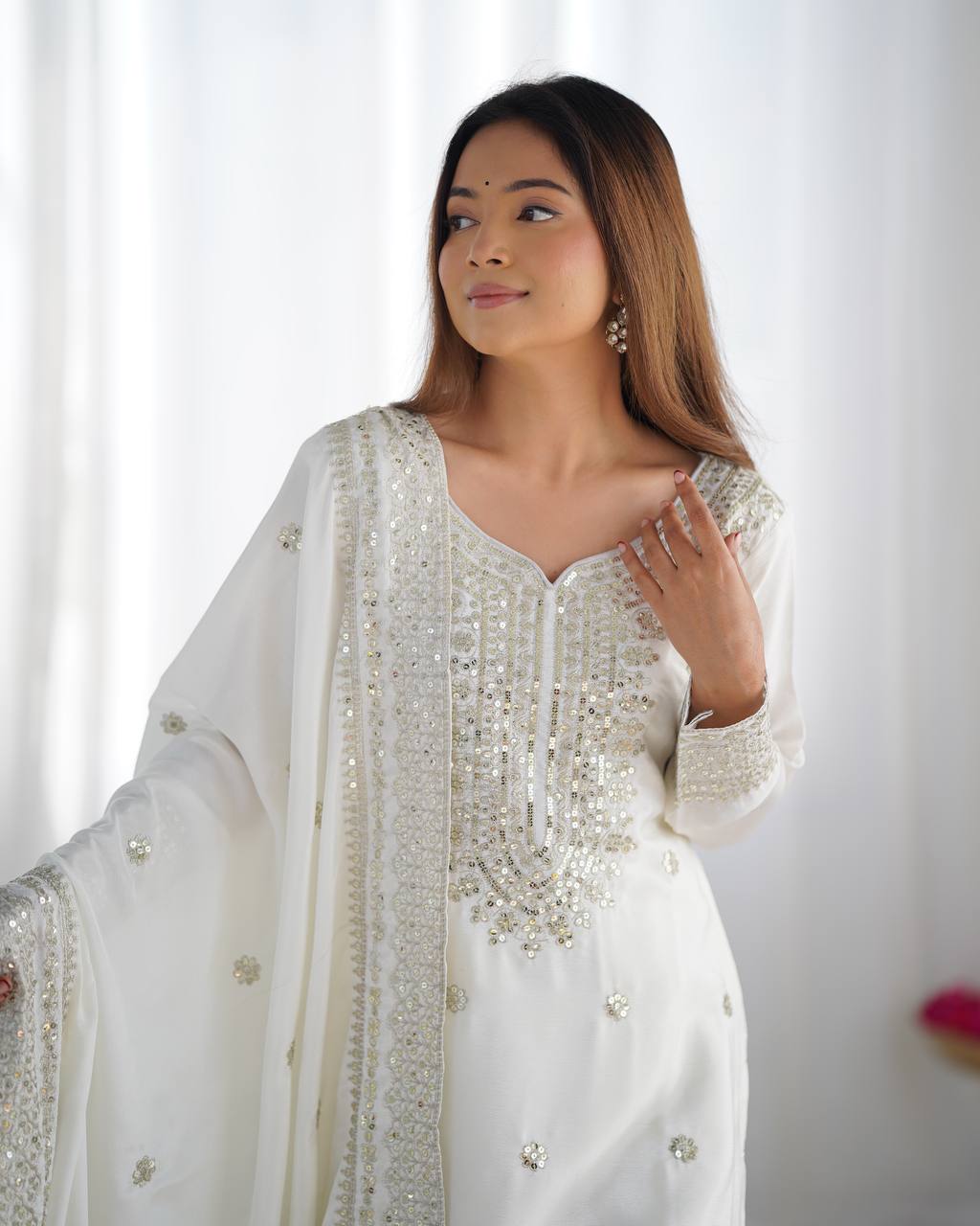 Teeya Creation White Colour Chinon Silk Heavy Embroidery Work Fully Stitched Salwar Suit