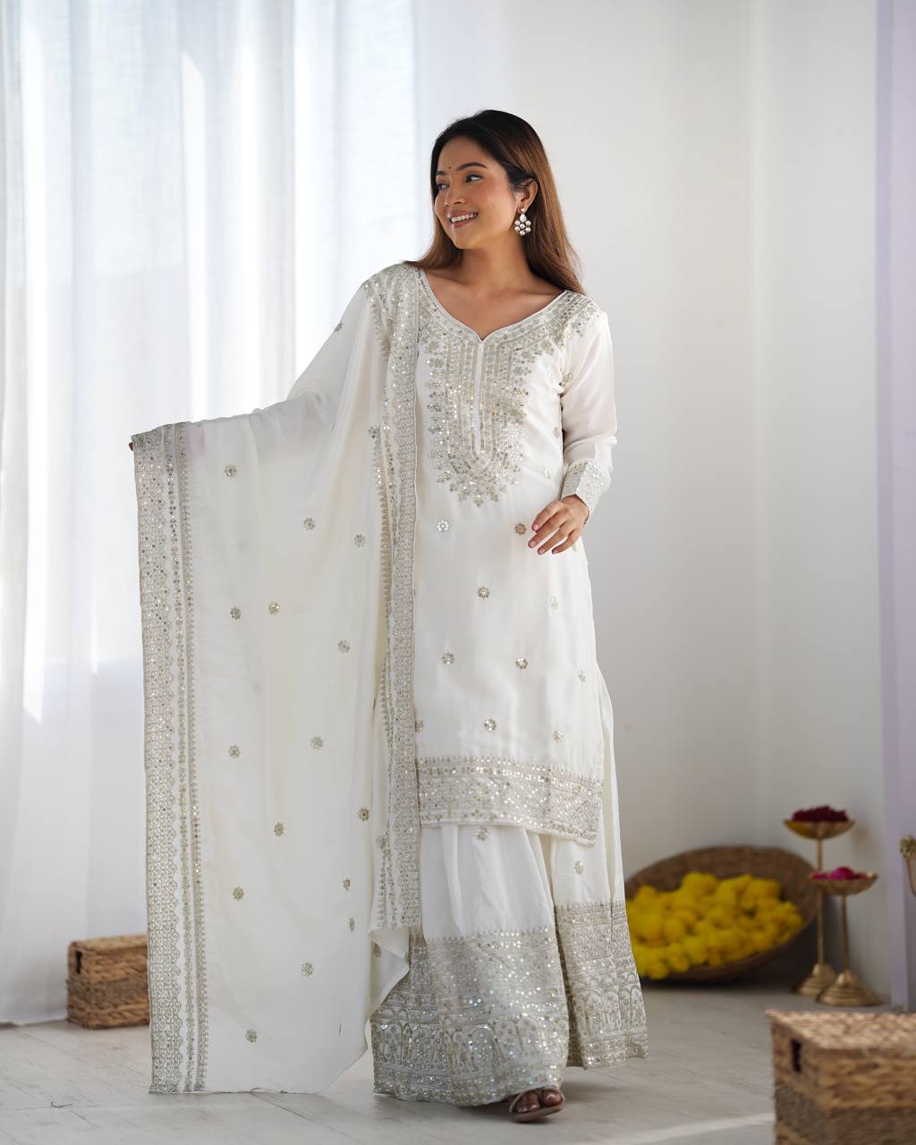Teeya Creation White Colour Chinon Silk Heavy Embroidery Work Fully Stitched Salwar Suit