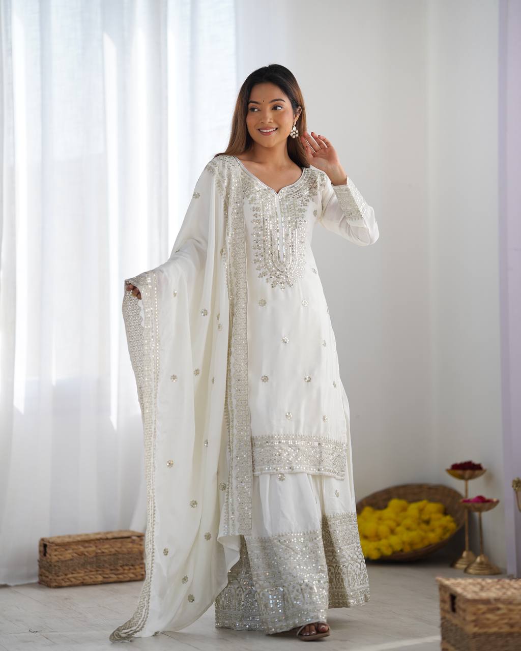 Teeya Creation White Colour Chinon Silk Heavy Embroidery Work Fully Stitched Salwar Suit