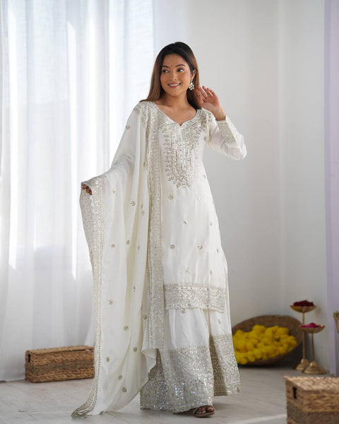 Teeya Creation White Colour Chinon Silk Heavy Embroidery Work Fully Stitched Salwar Suit