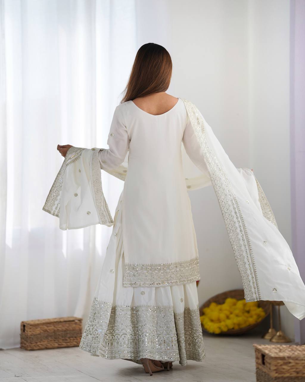Teeya Creation White Colour Chinon Silk Heavy Embroidery Work Fully Stitched Salwar Suit