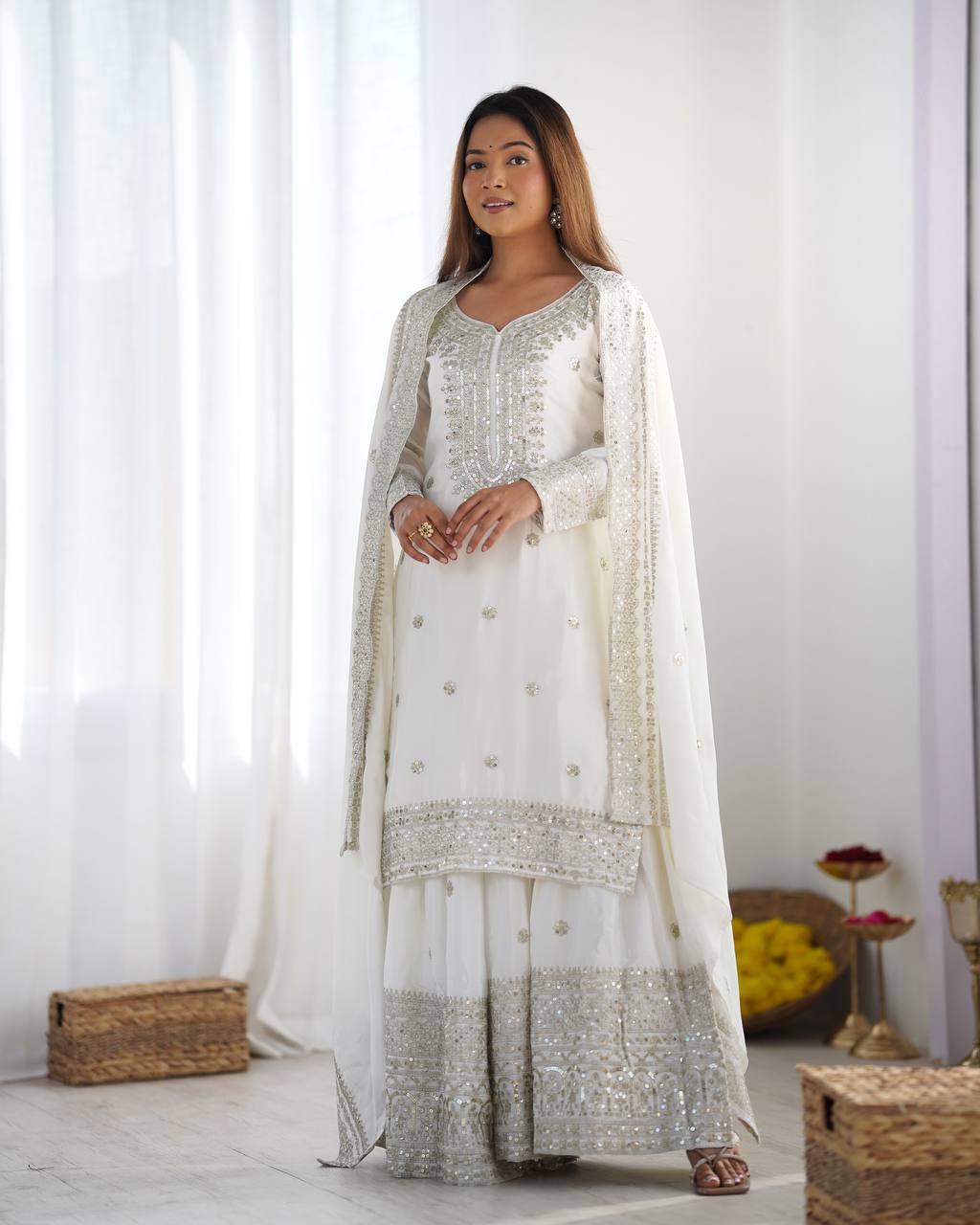Teeya Creation White Colour Chinon Silk Heavy Embroidery Work Fully Stitched Salwar Suit