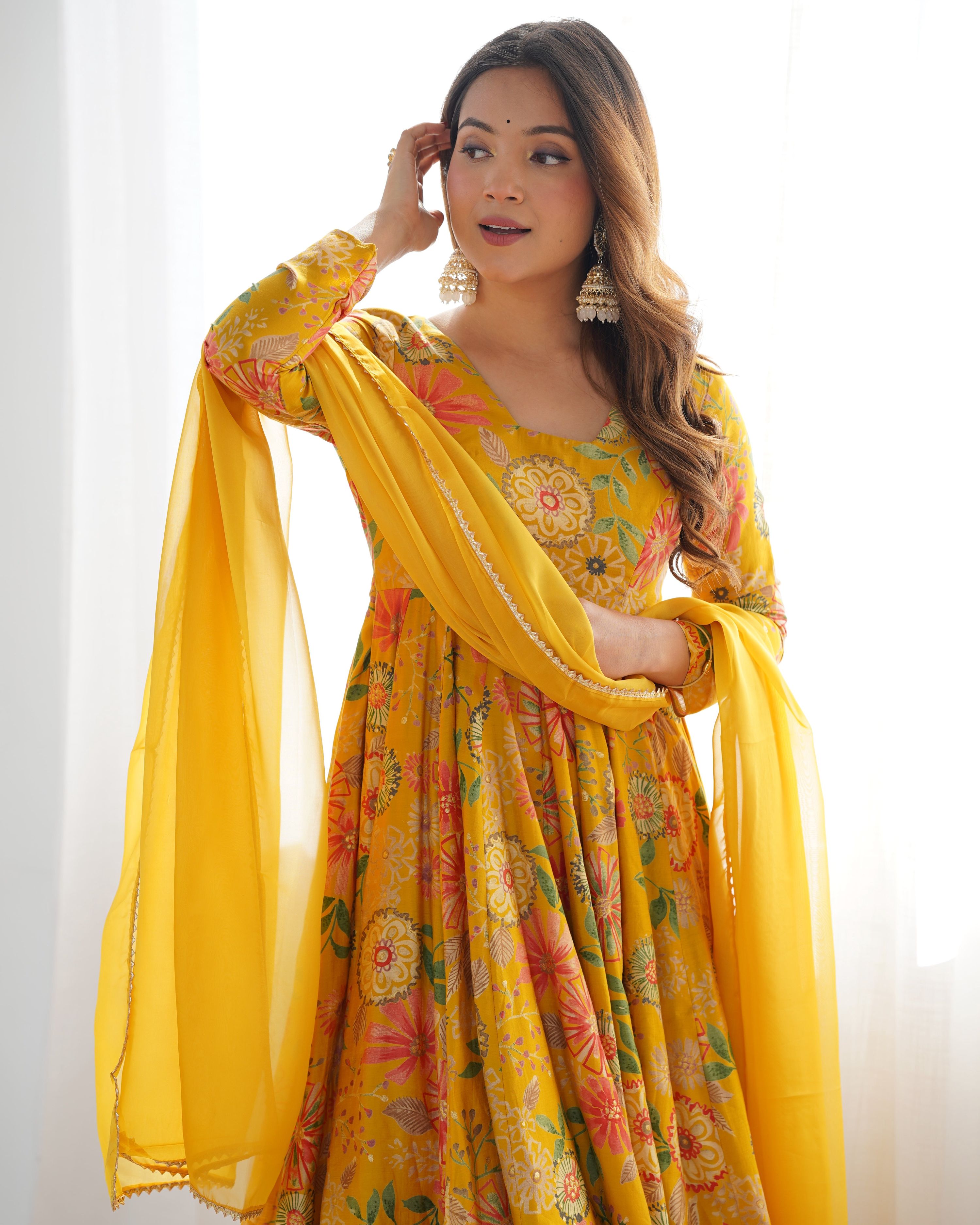Teeya Creation Yellow Color Faux Georgette Kediya Style Fully Stitched Printed Kediya - Distacart