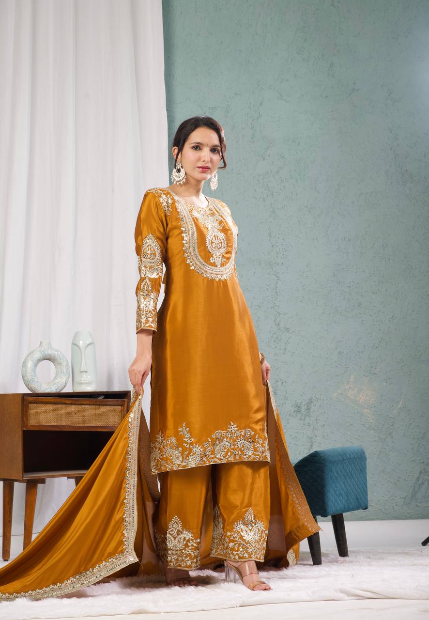 Teeya Creation Yellow Color Chinnon Silk Embroidery Work Fully Stitched Plazo Pair - Distacart