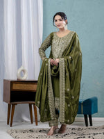Thumbnail for Teeya Creation Green Color Chinnon Silk Embroidery Work Fully Stitched Salwar Suit - Distacart
