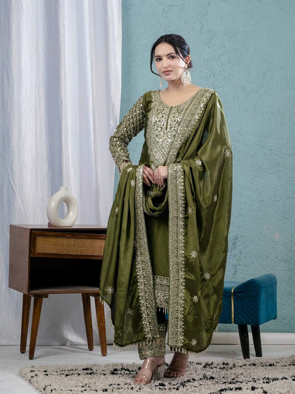 Teeya Creation Green Color Chinnon Silk Embroidery Work Fully Stitched Salwar Suit - Distacart