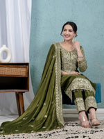 Thumbnail for Teeya Creation Green Color Chinnon Silk Embroidery Work Fully Stitched Salwar Suit - Distacart